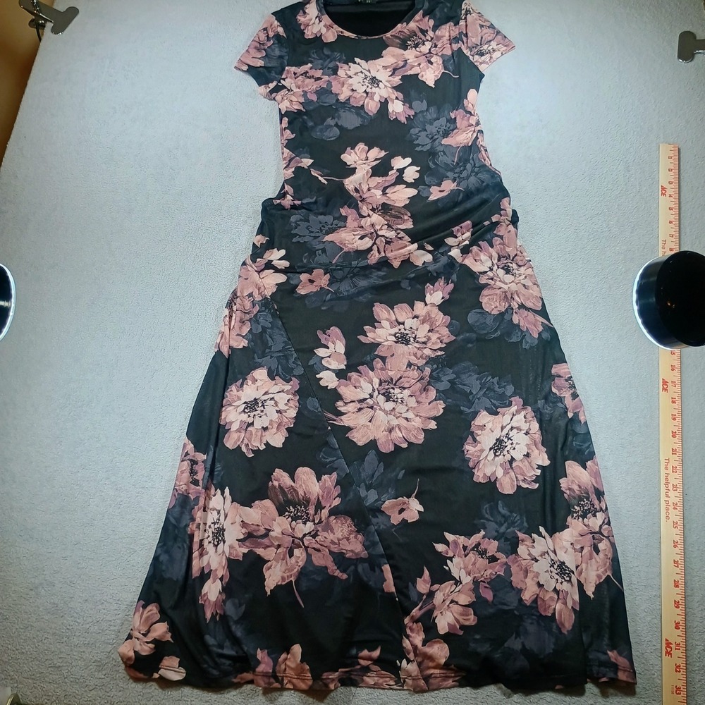 Rachel Zoe Womens Floral Mesh Maxi Dress Black Pink Size M Short Sleeve